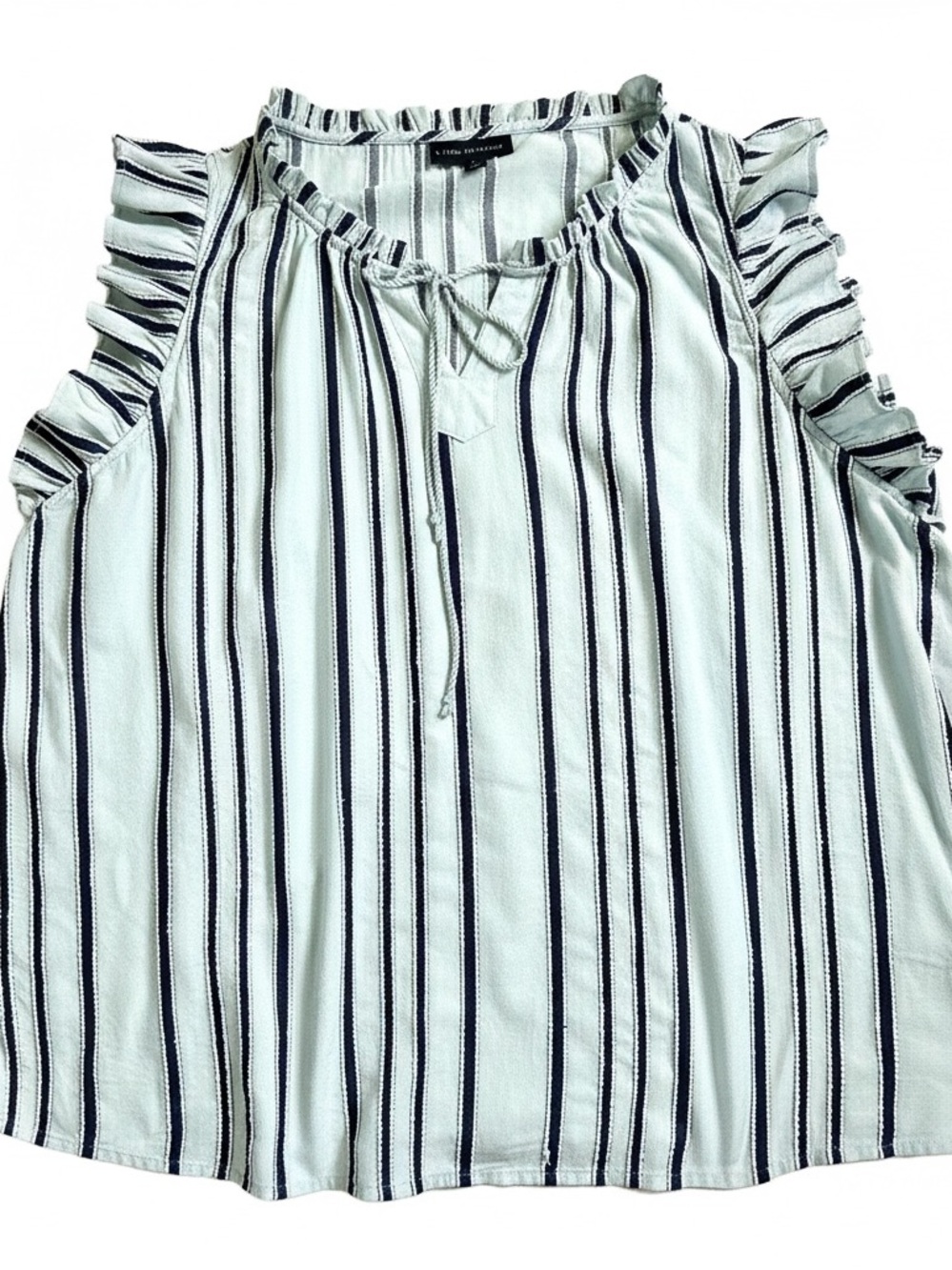 Lane Bryant Striped Ruffle Sleeveless Blouse Tie Neck